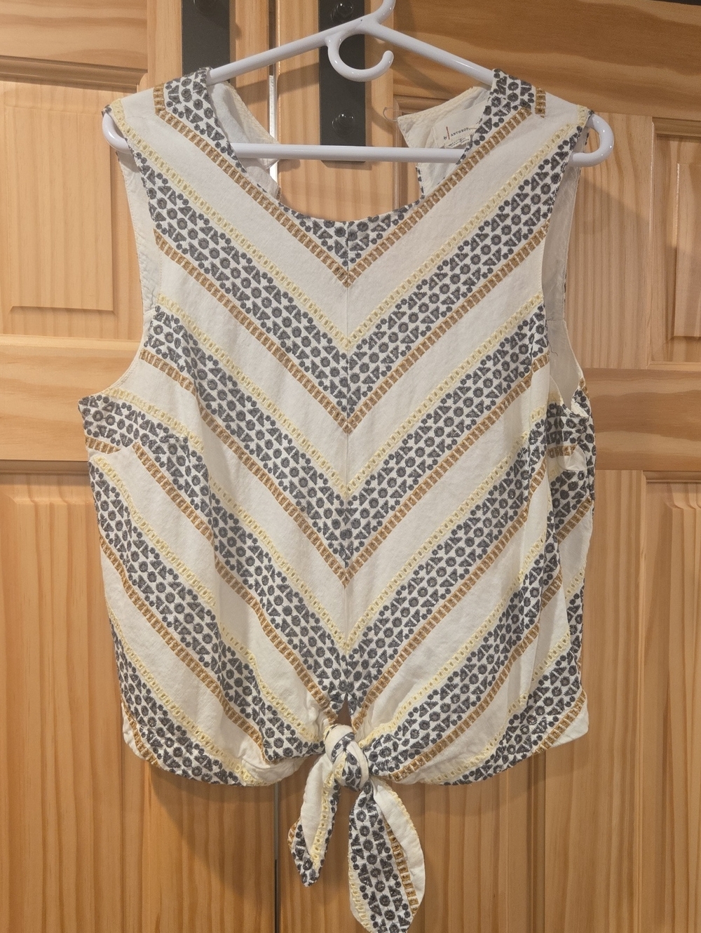 Anthropologie Cream, Gray & Gold Chevron Tie-Front Tank Blouse